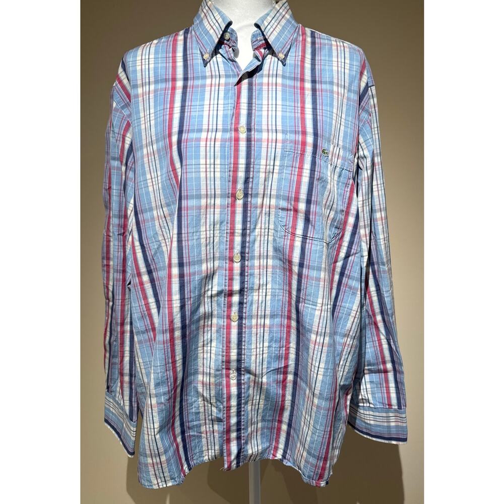 Lacoste Mens Oxford Shirt Blue Pink Plaid‎ Long Sleeve 100% Cotton Pocket M 44